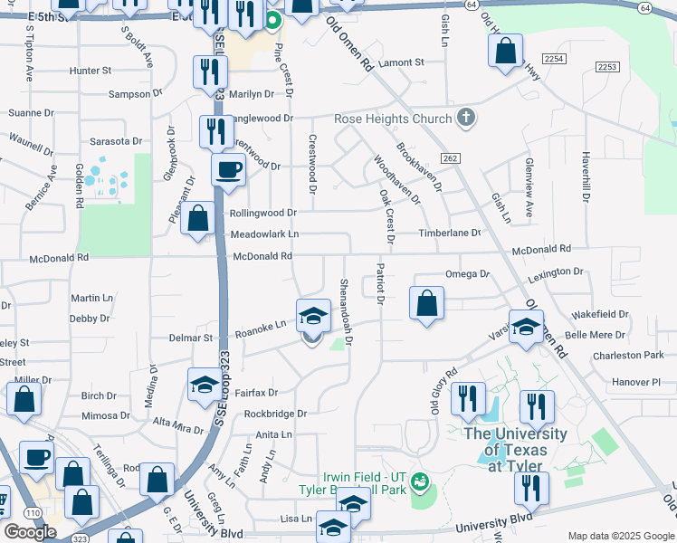 map of restaurants, bars, coffee shops, grocery stores, and more near 2517 Shenandoah Drive in Tyler