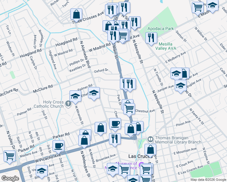 map of restaurants, bars, coffee shops, grocery stores, and more near 107 West Ethel Avenue in Las Cruces