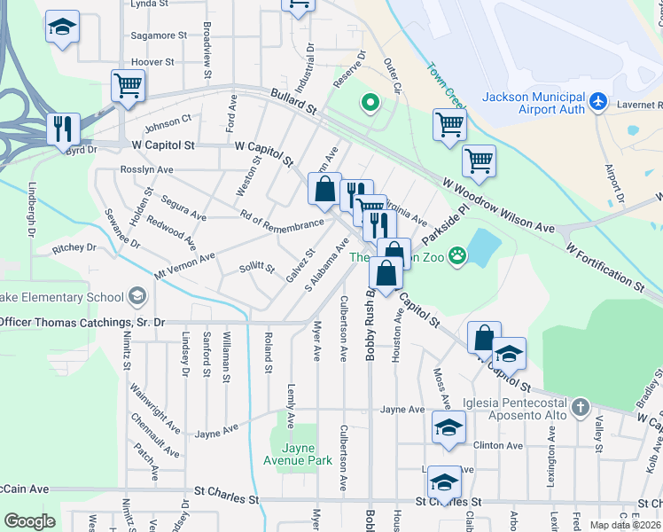 map of restaurants, bars, coffee shops, grocery stores, and more near 146 S Alabama Ave in Jackson