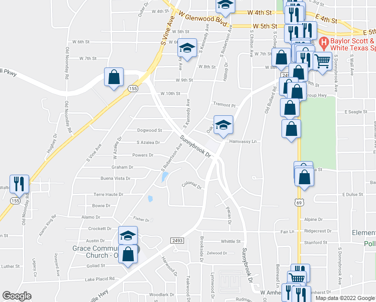 map of restaurants, bars, coffee shops, grocery stores, and more near 2613 Oak Lane in Tyler