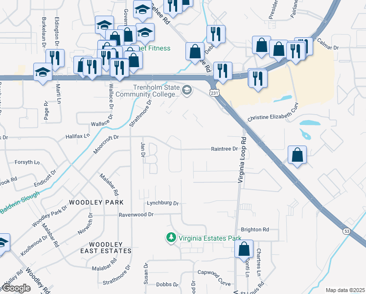 map of restaurants, bars, coffee shops, grocery stores, and more near 3043 Moorcroft Drive in Montgomery