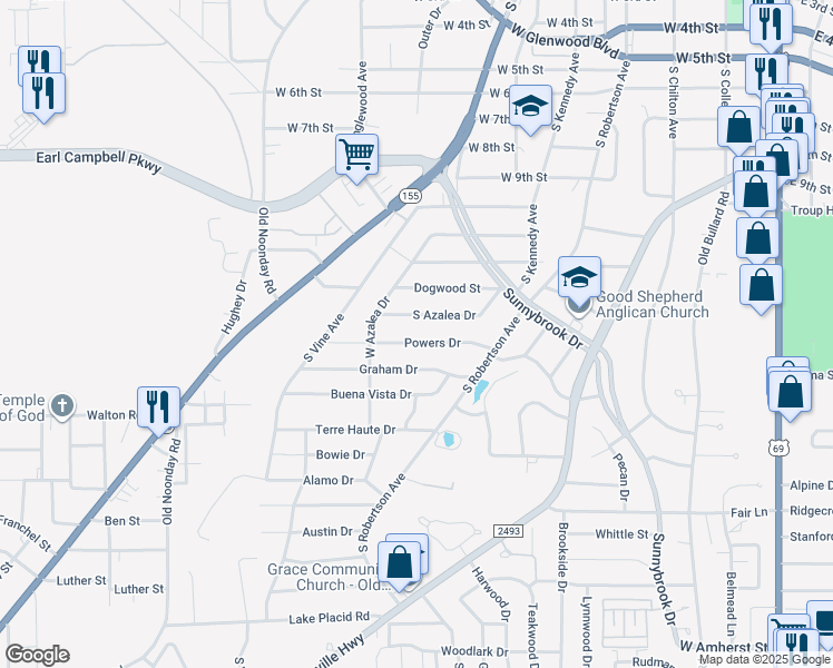 map of restaurants, bars, coffee shops, grocery stores, and more near 1219 Powers Dr in Tyler