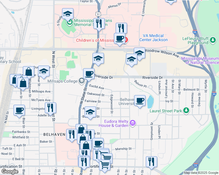 map of restaurants, bars, coffee shops, grocery stores, and more near 828 Euclid Avenue in Jackson