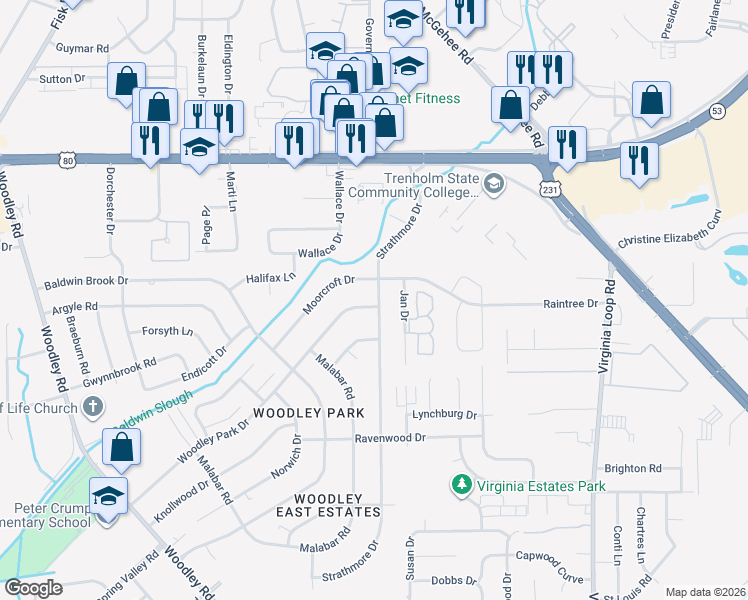 map of restaurants, bars, coffee shops, grocery stores, and more near 4137 Strathmore Drive in Montgomery