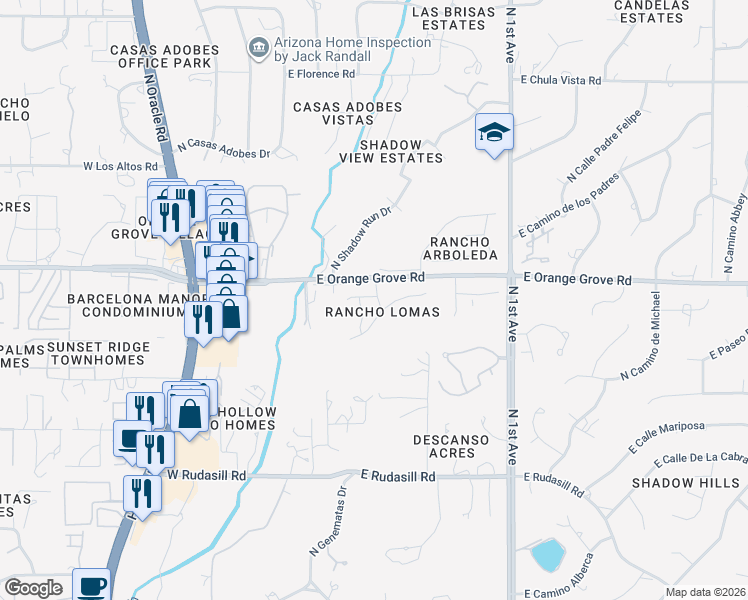 map of restaurants, bars, coffee shops, grocery stores, and more near 6369 North Cam Aguante in Tucson