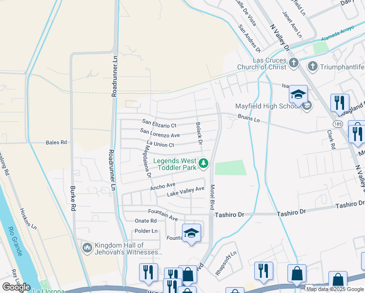 map of restaurants, bars, coffee shops, grocery stores, and more near 2879 La Union Court in Las Cruces