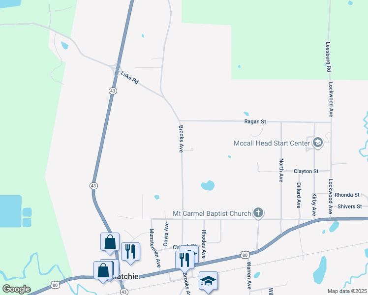 map of restaurants, bars, coffee shops, grocery stores, and more near 408 Brooks Avenue in Pelahatchie