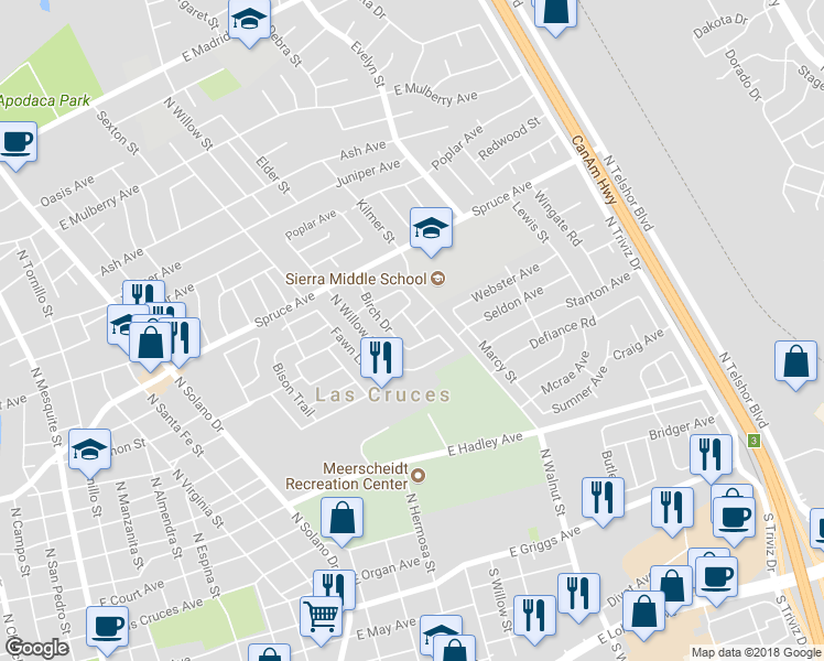 map of restaurants, bars, coffee shops, grocery stores, and more near 1201 Mount Shadow Street in Las Cruces