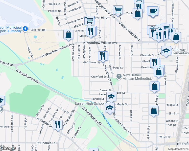 map of restaurants, bars, coffee shops, grocery stores, and more near 870 Crawford Street in Jackson
