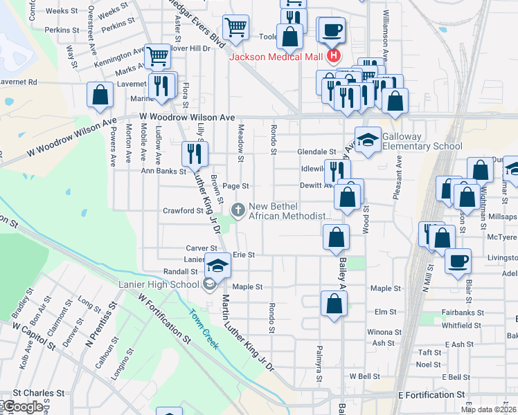 map of restaurants, bars, coffee shops, grocery stores, and more near 2226 Woodlawn Street in Jackson