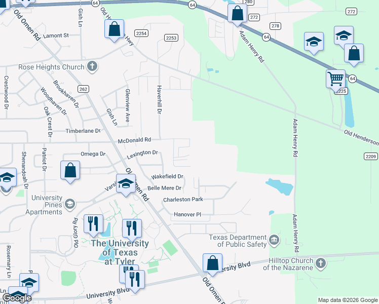 map of restaurants, bars, coffee shops, grocery stores, and more near 3992 Duchess Drive in Tyler