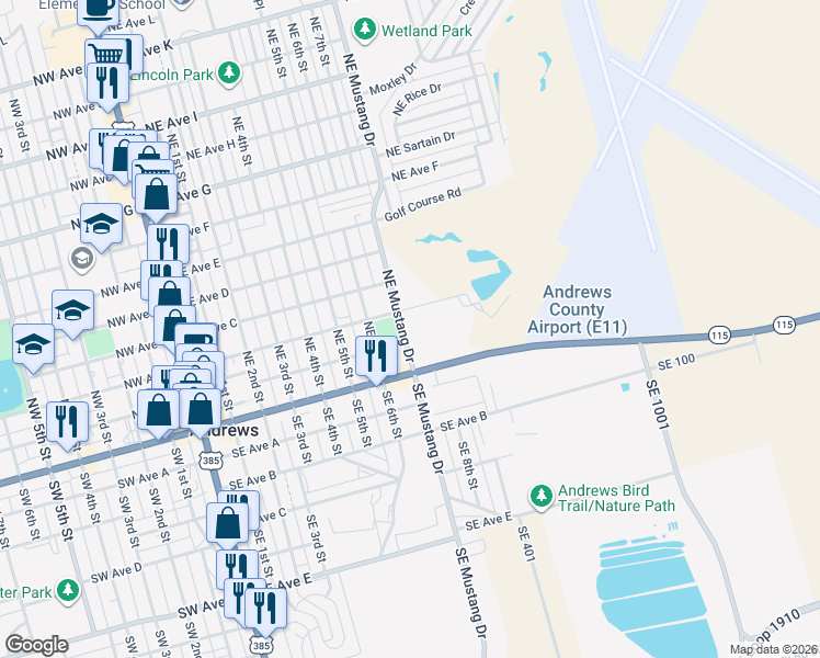 map of restaurants, bars, coffee shops, grocery stores, and more near 114 Northeast Mustang Drive in Andrews