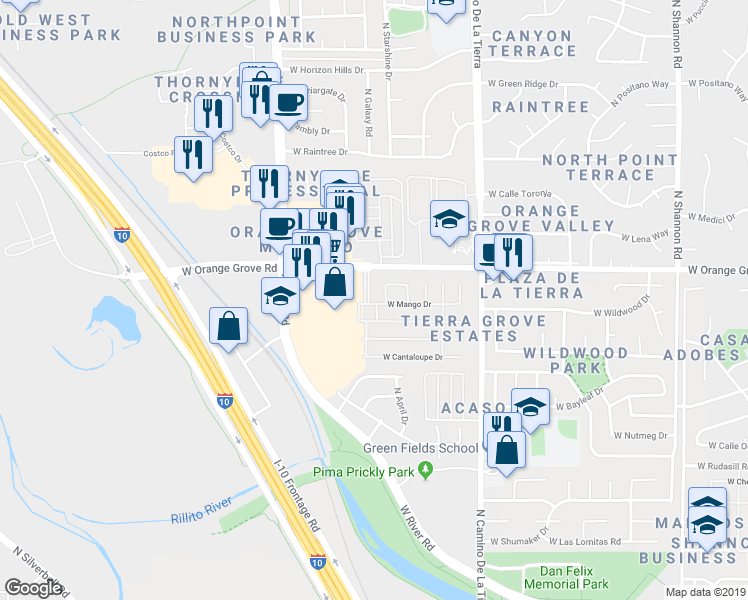 map of restaurants, bars, coffee shops, grocery stores, and more near 6310 North Orange Blossom Lane in Tucson