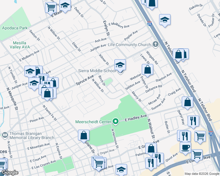 map of restaurants, bars, coffee shops, grocery stores, and more near 1201 Mount Shadow Street in Las Cruces