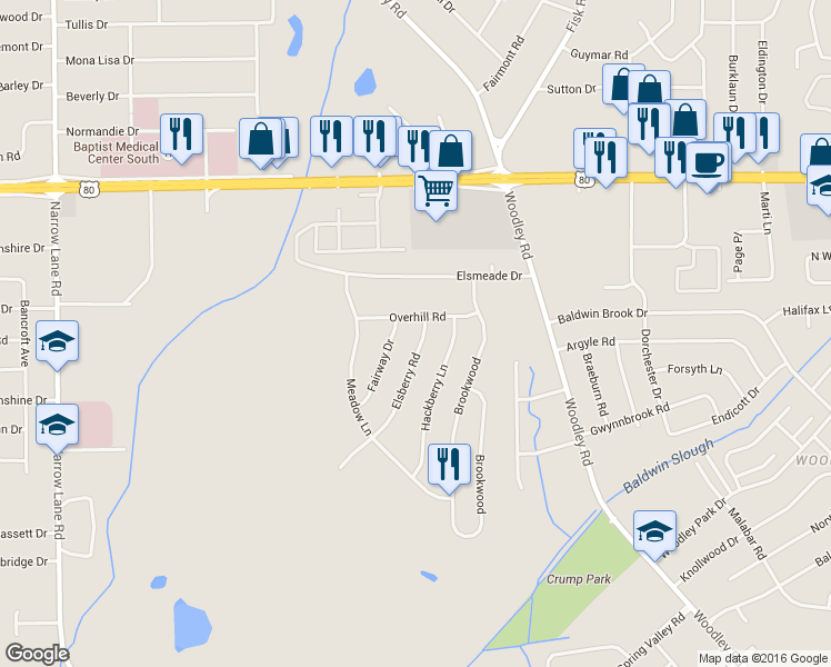 map of restaurants, bars, coffee shops, grocery stores, and more near 3206 Elsberry Road in Montgomery