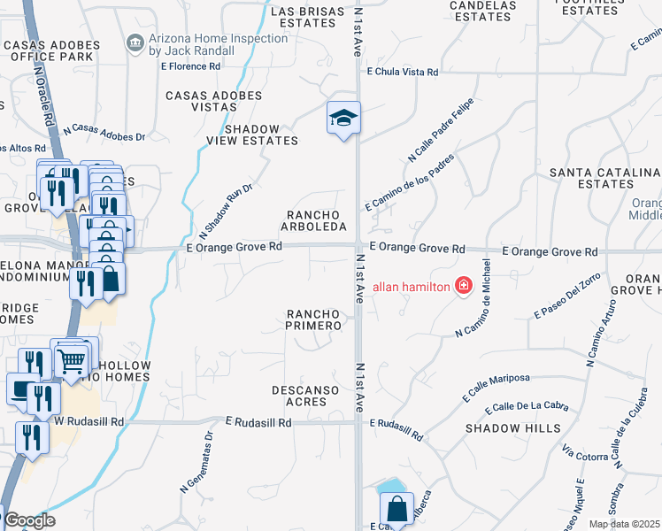 map of restaurants, bars, coffee shops, grocery stores, and more near 596 East Weckl Place in Tucson