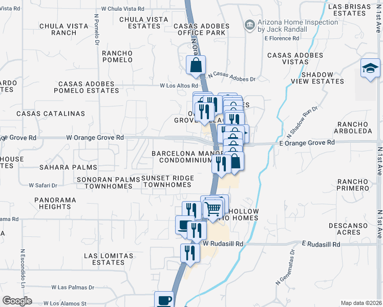 map of restaurants, bars, coffee shops, grocery stores, and more near 6352 North Barcelona Lane in Tucson