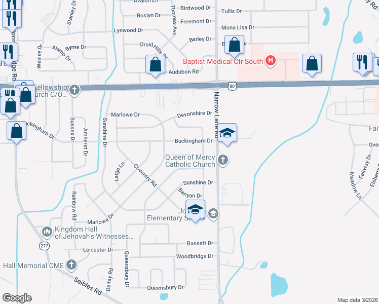 map of restaurants, bars, coffee shops, grocery stores, and more near 1345 Marco Road in Montgomery