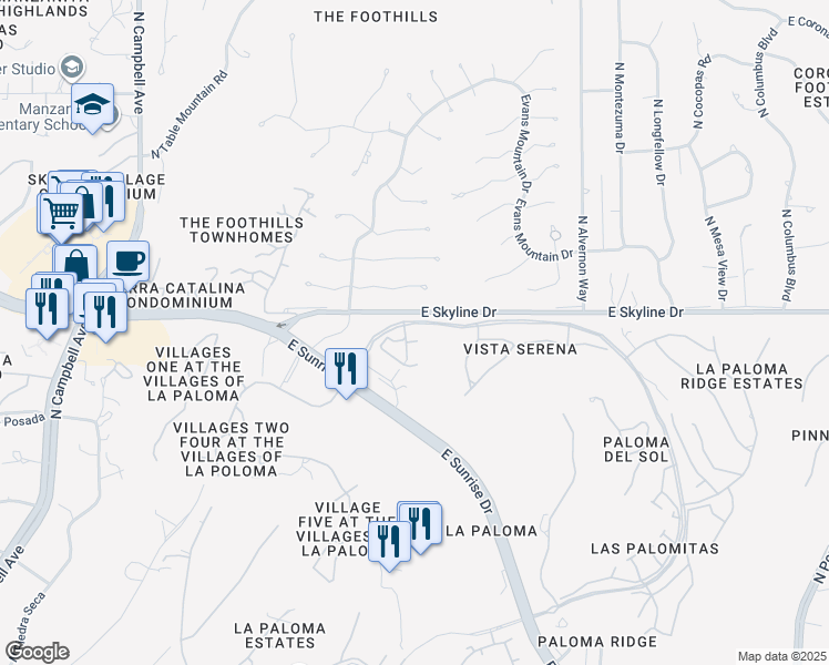 map of restaurants, bars, coffee shops, grocery stores, and more near 6385 North Vuelta Tajo in Tucson