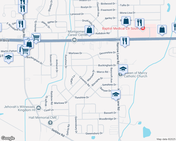 map of restaurants, bars, coffee shops, grocery stores, and more near 1413 Flamingo Lane in Montgomery