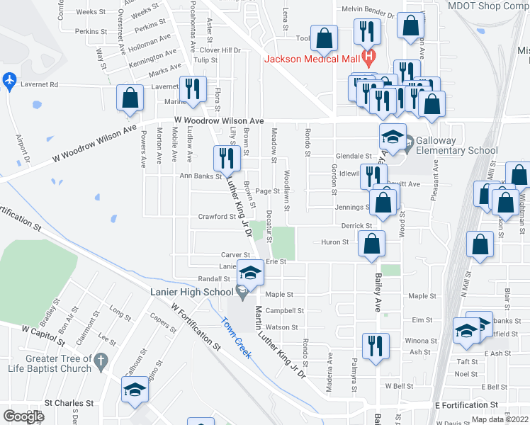 map of restaurants, bars, coffee shops, grocery stores, and more near 2227 Decatur Street in Jackson