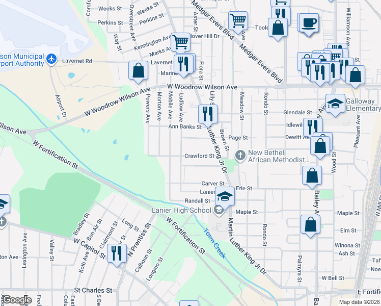 map of restaurants, bars, coffee shops, grocery stores, and more near 870 Crawford Street in Jackson