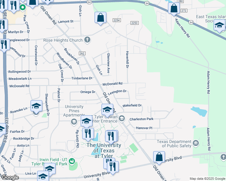 map of restaurants, bars, coffee shops, grocery stores, and more near 3800 Lexington Drive in Tyler