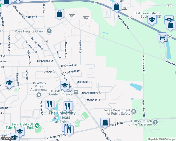 map of restaurants, bars, coffee shops, grocery stores, and more near 2528 Westminster Drive in Tyler