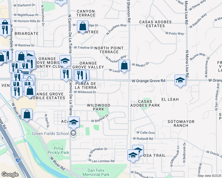 map of restaurants, bars, coffee shops, grocery stores, and more near 3043 West Basil Place in Tucson