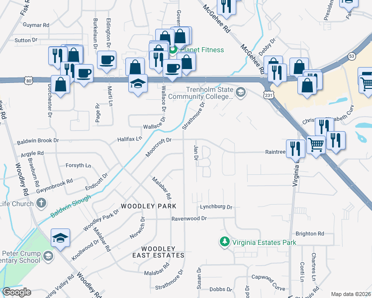 map of restaurants, bars, coffee shops, grocery stores, and more near 4137 Strathmore Drive in Montgomery