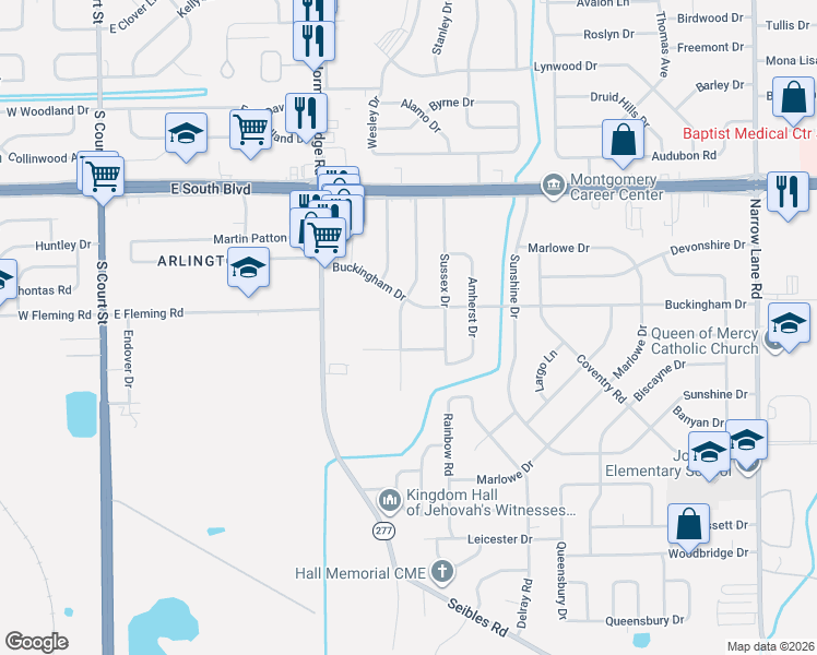 map of restaurants, bars, coffee shops, grocery stores, and more near 4326 Nordale Drive in Montgomery