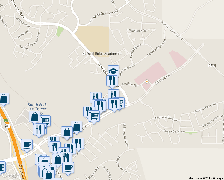 map of restaurants, bars, coffee shops, grocery stores, and more near 3989 Foothills Rd in Las Cruces