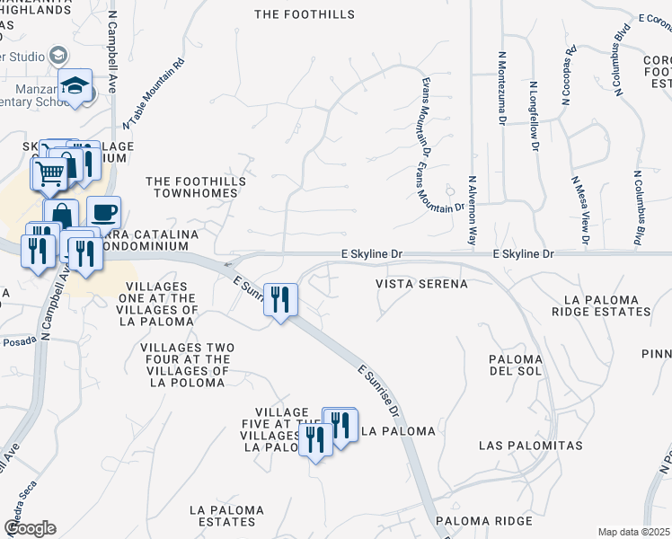map of restaurants, bars, coffee shops, grocery stores, and more near 6385 North Vuelta Tajo in Tucson
