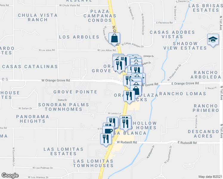 map of restaurants, bars, coffee shops, grocery stores, and more near 6352 North Barcelona Lane in Tucson