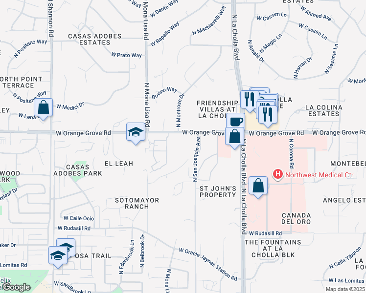 map of restaurants, bars, coffee shops, grocery stores, and more near 2365 West Orange Grove Road in Tucson
