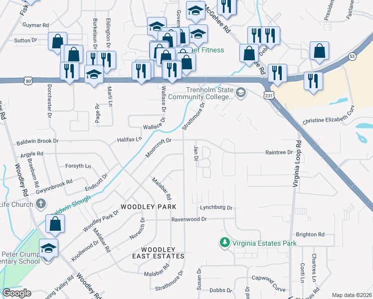 map of restaurants, bars, coffee shops, grocery stores, and more near 4137 Strathmore Drive in Montgomery