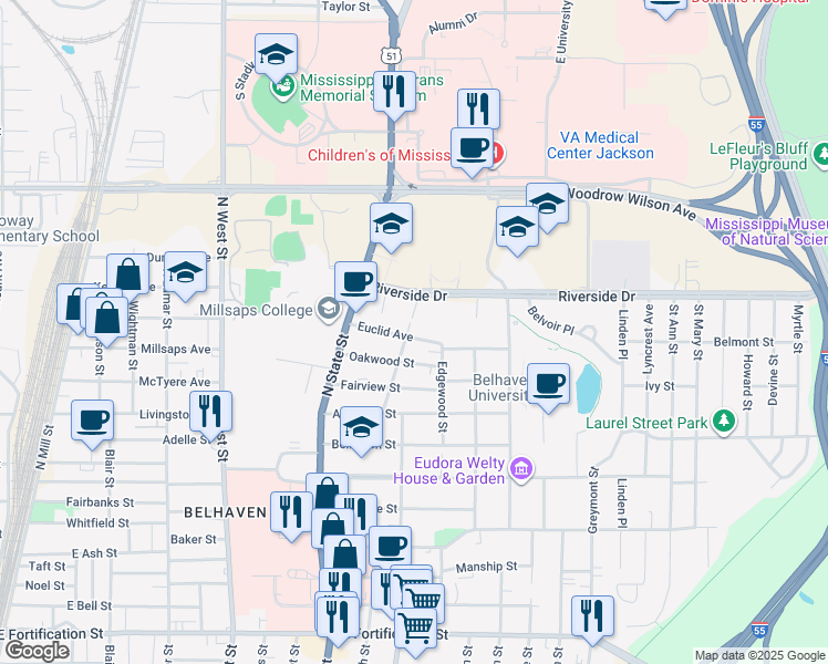 map of restaurants, bars, coffee shops, grocery stores, and more near 828 Euclid Avenue in Jackson