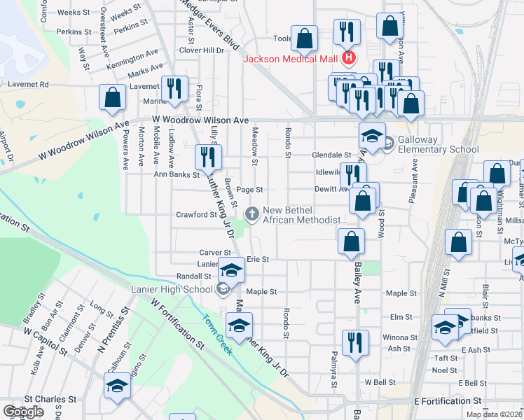 map of restaurants, bars, coffee shops, grocery stores, and more near 2226 Woodlawn Street in Jackson