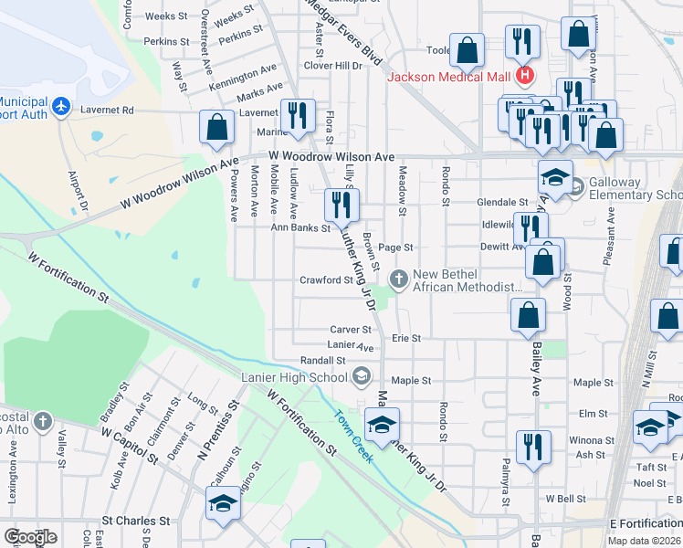 map of restaurants, bars, coffee shops, grocery stores, and more near 840 Crawford Street in Jackson