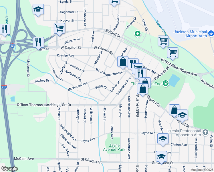 map of restaurants, bars, coffee shops, grocery stores, and more near 128 Sollitt Street in Jackson