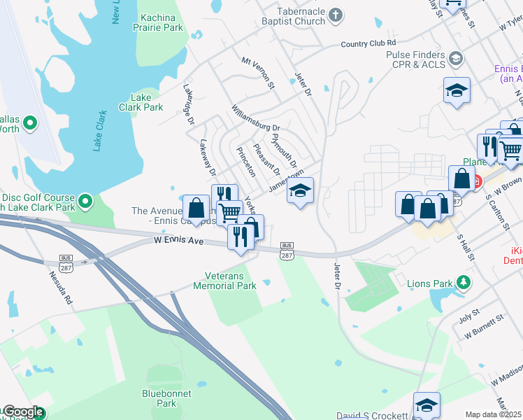 map of restaurants, bars, coffee shops, grocery stores, and more near 2401 Yorkstown Drive in Ennis