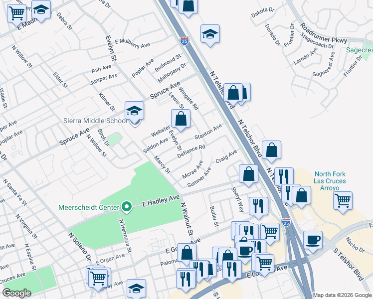 map of restaurants, bars, coffee shops, grocery stores, and more near 1852 Defiance Road in Las Cruces