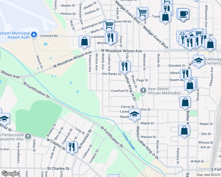 map of restaurants, bars, coffee shops, grocery stores, and more near 2102 Ludlow Avenue in Jackson