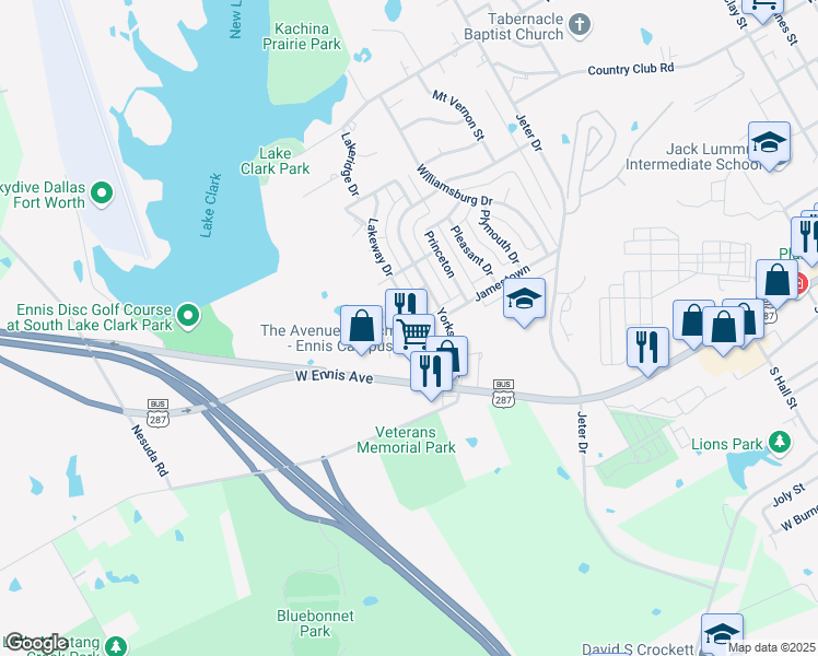 map of restaurants, bars, coffee shops, grocery stores, and more near 2300 Yorkstown Drive in Ennis