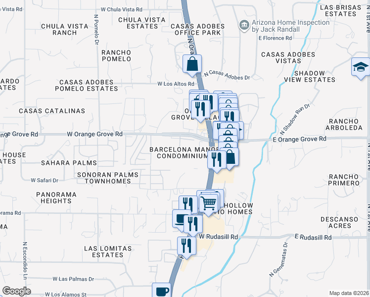 map of restaurants, bars, coffee shops, grocery stores, and more near 6352 North Barcelona Lane in Tucson
