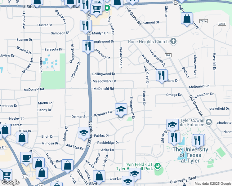 map of restaurants, bars, coffee shops, grocery stores, and more near 2518 Pinecrest Drive in Tyler