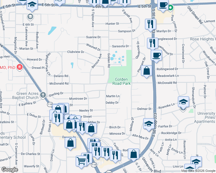 map of restaurants, bars, coffee shops, grocery stores, and more near 2307 McDonald Road in Tyler