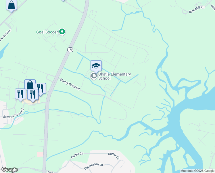 map of restaurants, bars, coffee shops, grocery stores, and more near 53 Cherry Point Road in Okatie