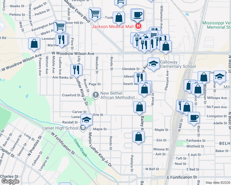 map of restaurants, bars, coffee shops, grocery stores, and more near 429 Jennings Street in Jackson