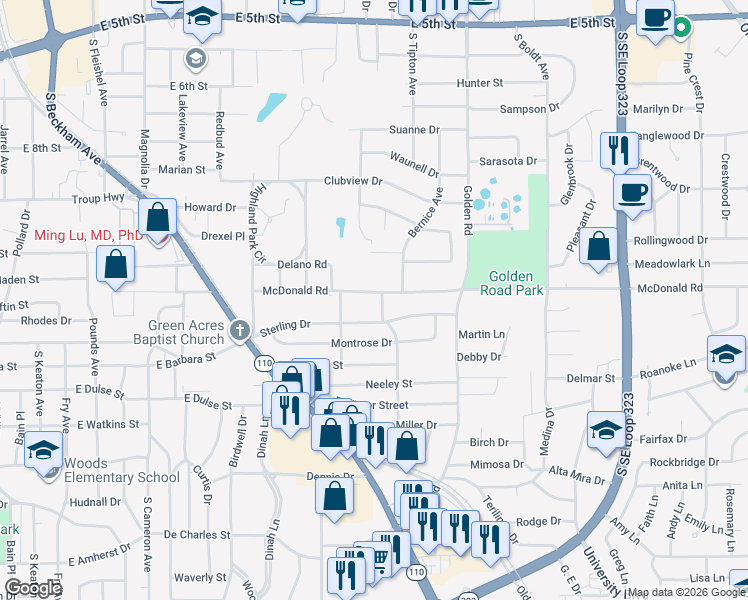 map of restaurants, bars, coffee shops, grocery stores, and more near 1929 McDonald Road in Tyler